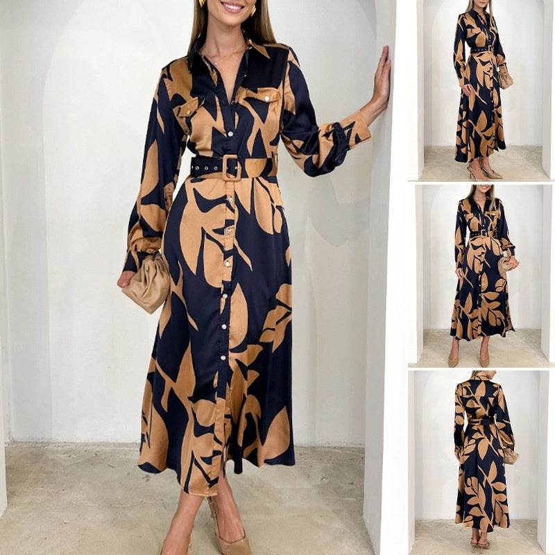 🎁Limited Sale 50% OFF💕Women’s Lapel Long-Sleeve Print Dress with Belt💃-5