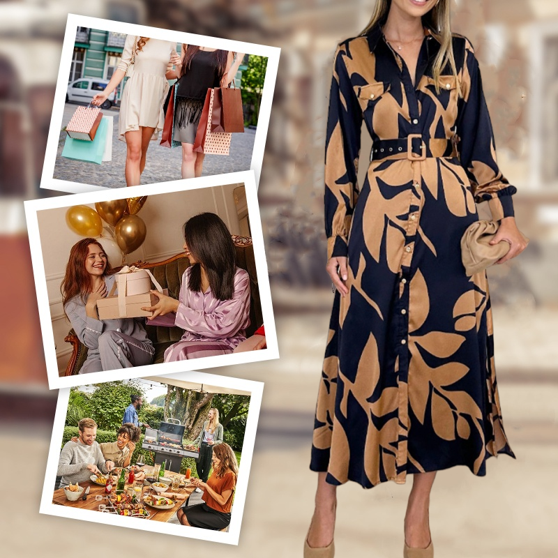 🎁Limited Sale 50% OFF💕Women’s Lapel Long-Sleeve Print Dress with Belt💃-6