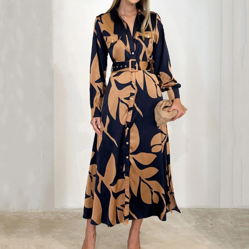 🎁Limited Sale 50% OFF💕Women’s Lapel Long-Sleeve Print Dress with Belt💃-9