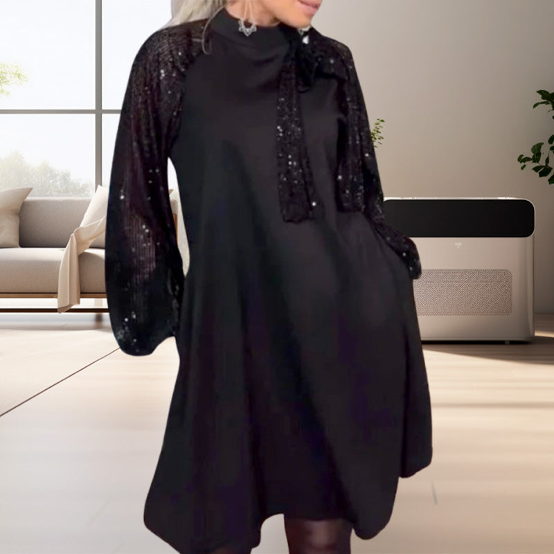 🌟Limited Sale 49% OFF💕Women's Sequin Patchwork Tie Neck Dress-1