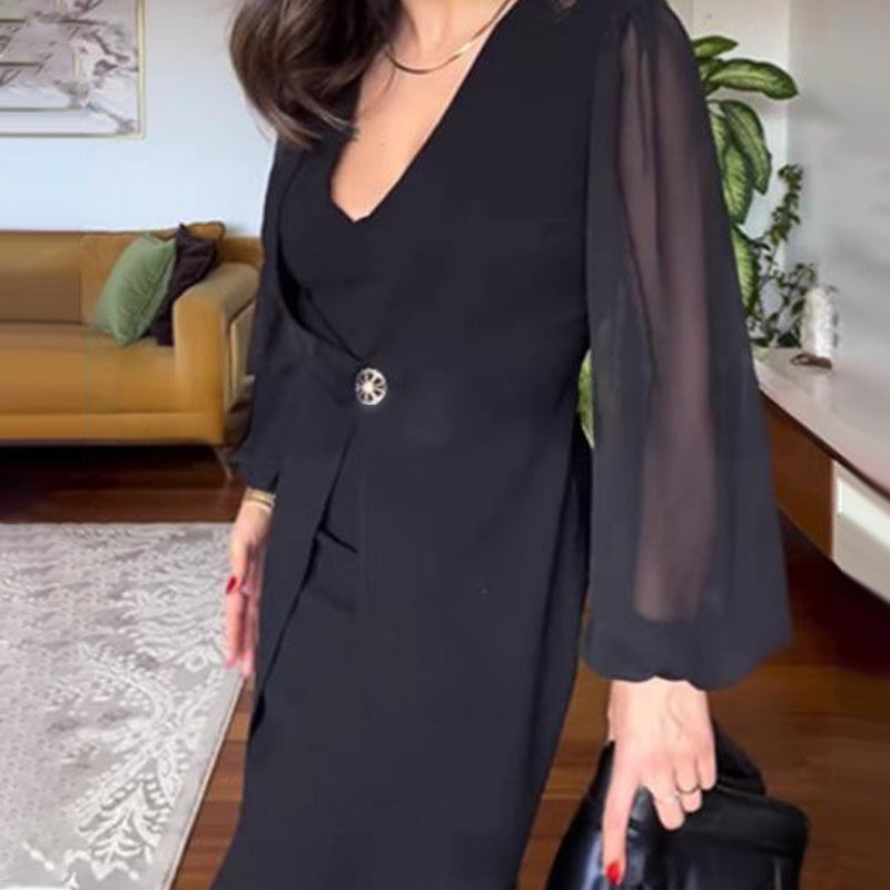 💖LAST DAY SALE 50% OFF🌹Women's Elegant V-Neck Mesh Long Lantern Sleeve Dress-2