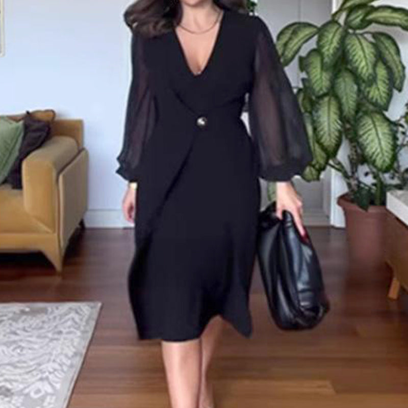 💖LAST DAY SALE 50% OFF🌹Women's Elegant V-Neck Mesh Long Lantern Sleeve Dress-1