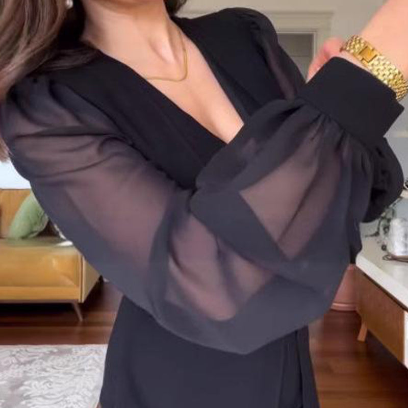 💖LAST DAY SALE 50% OFF🌹Women's Elegant V-Neck Mesh Long Lantern Sleeve Dress-3