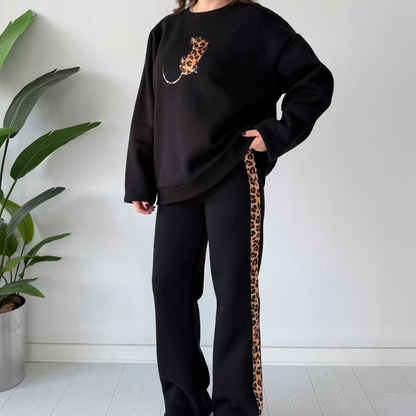 🔥Neujahrsgeschenk – 50% RABATT!💓Damen 2-teiliges Casual-Set (mit Leopardenprint-Akzent) – Oversized & Bequem: Nie wieder Outfit-Stress!🌟