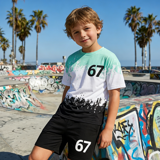 3D-Print-T-Shirt- & Shorts-Set für Jungen