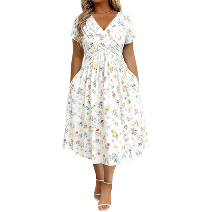 🌸 50 % RABATT! ✨ Damen-Blumenkleid mit V-Ausschnitt & Taillen-Drapierung | Feminin, Elegant & Bequem | Perfekt für Sommer & Alltag 👗